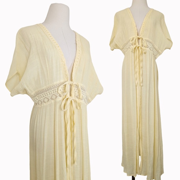Vintage Sweaters - Vintage Butter Yellow Maxi Cardigan Front Ties Sheer Crochet Floor Length